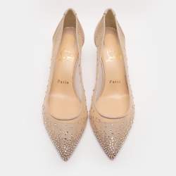 Pre Owned Christian Louboutin Beige Mesh and Suede Follies Strass Pointed Toe Pumps Size 37