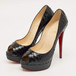 Pre Owned Christian Louboutin Black Python Leather Lady Peep Peep Toe Platform Pumps Size 39