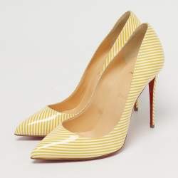 Pre Owned Christian Louboutin Yellow/White Stripes Patent Leather Pigalle Follies Pumps Size 40.5