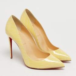 Pre Owned Christian Louboutin Yellow/White Stripes Patent Leather Pigalle Follies Pumps Size 40.5