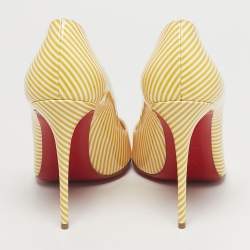 Pre Owned Christian Louboutin Yellow/White Stripes Patent Leather Pigalle Follies Pumps Size 40.5