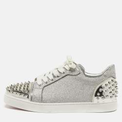 Pre Owned Christian Louboutin Vieira 2 Size 39 Silver Glitter and Patent Leather Lace Up Sneakers
