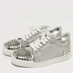 Pre Owned Christian Louboutin Vieira 2 Size 39 Silver Glitter and Patent Leather Lace Up Sneakers