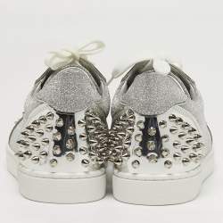 Pre Owned Christian Louboutin Vieira 2 Size 39 Silver Glitter and Patent Leather Lace Up Sneakers