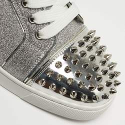 Pre Owned Christian Louboutin Vieira 2 Size 39 Silver Glitter and Patent Leather Lace Up Sneakers