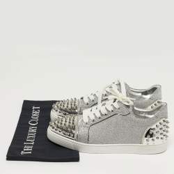 Pre Owned Christian Louboutin Vieira 2 Size 39 Silver Glitter and Patent Leather Lace Up Sneakers