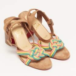 Pre Owned Christian Louboutin Ella Size 36.5 Multicolor Suede and Woven Leather Ankle Strap Sandals