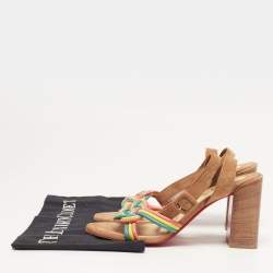 Pre Owned Christian Louboutin Ella Size 36.5 Multicolor Suede and Woven Leather Ankle Strap Sandals