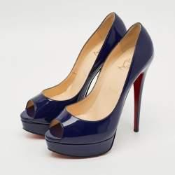 Pre Owned Christian Louboutin Lady Peep Size 39 Navy Blue Patent Leather Platform Pumps