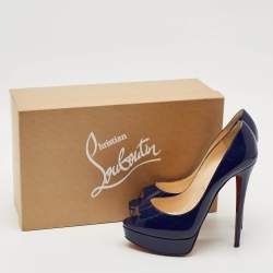 Pre Owned Christian Louboutin Lady Peep Size 39 Navy Blue Patent Leather Platform Pumps