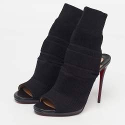 Pre Owned Christian Louboutin Size 39 Black Knit Fabric Open Toe Cut Out Socks Ankle Length Boots