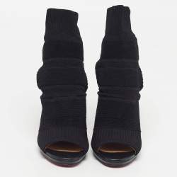 Pre Owned Christian Louboutin Size 39 Black Knit Fabric Open Toe Cut Out Socks Ankle Length Boots