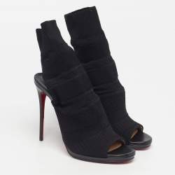 Pre Owned Christian Louboutin Size 39 Black Knit Fabric Open Toe Cut Out Socks Ankle Length Boots