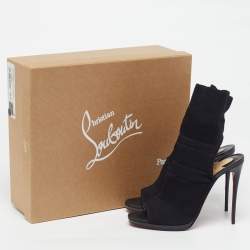 Pre Owned Christian Louboutin Size 39 Black Knit Fabric Open Toe Cut Out Socks Ankle Length Boots