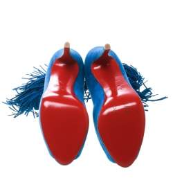 Pre Owned Christian Louboutin Cobalt Blue Suede Tina Fringe Detail Ankle Strap Peep Toe Pumps Size 37