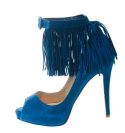 Pre Owned Christian Louboutin Cobalt Blue Suede Tina Fringe Detail Ankle Strap Peep Toe Pumps Size 37
