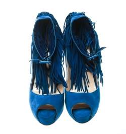 Pre Owned Christian Louboutin Cobalt Blue Suede Tina Fringe Detail Ankle Strap Peep Toe Pumps Size 37