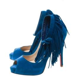 Pre Owned Christian Louboutin Cobalt Blue Suede Tina Fringe Detail Ankle Strap Peep Toe Pumps Size 37