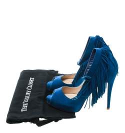 Pre Owned Christian Louboutin Cobalt Blue Suede Tina Fringe Detail Ankle Strap Peep Toe Pumps Size 37