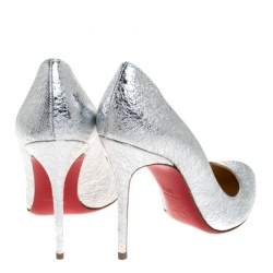 Pre Owned Christian Louboutin Silver Foil Leather Corneille Pointed Toe Pumps Size 36.5