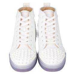 مملوكة مسبقًا حذاء رياضي كريستيان لوبوتان مرتفع من أعلى 2 سبايكز لو جلد "لوبينذاسكاي" منقوش أبيض مقاس 41.5