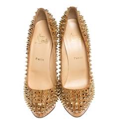 Pre Owned Christian Louboutin Beige Patent Leather Cork Alti Spike Platform Pumps Size 40