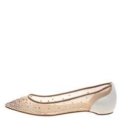 Pre Owned Christian Louboutin White Mesh And Leather Follies Strass Ballet Flats Size 37.5