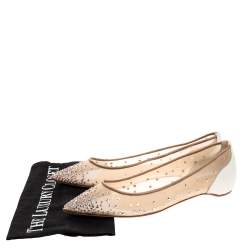 Pre Owned Christian Louboutin White Mesh And Leather Follies Strass Ballet Flats Size 37.5