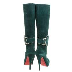 Pre Owned Christian Louboutin Green Suede 'Trotte Avec Moi' Knee High Platform Boots Size 38.5