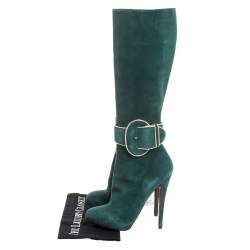 Pre Owned Christian Louboutin Green Suede 'Trotte Avec Moi' Knee High Platform Boots Size 38.5