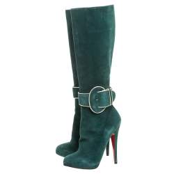Pre Owned Christian Louboutin Green Suede 'Trotte Avec Moi' Knee High Platform Boots Size 38.5