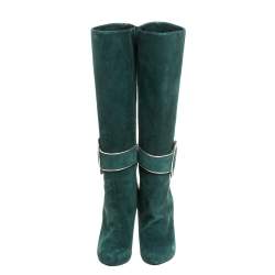 Pre Owned Christian Louboutin Green Suede 'Trotte Avec Moi' Knee High Platform Boots Size 38.5