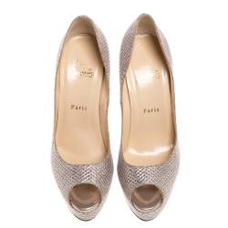 Christian Louboutin Silver Shimmery Fabric Lady Peep Toe Platform Pumps Size 39.5