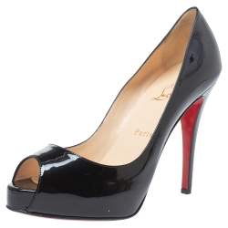 Pre Owned Christian Louboutin Black Patent Leather Very Prive Peep Toe Platform Pumps Size 38.5