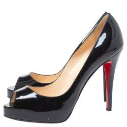 Pre Owned Christian Louboutin Black Patent Leather Very Prive Peep Toe Platform Pumps Size 38.5