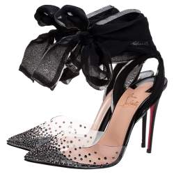 Pre Owned Christian Louboutin PVC and Lace Spikaqueen Studded Accents Wrap Up Pumps Size 37