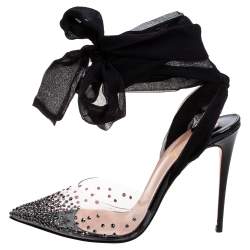 Pre Owned Christian Louboutin PVC and Lace Spikaqueen Studded Accents Wrap Up Pumps Size 37