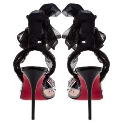 Pre Owned Christian Louboutin PVC and Lace Spikaqueen Studded Accents Wrap Up Pumps Size 37