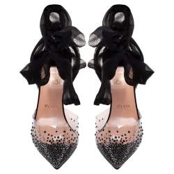 Pre Owned Christian Louboutin PVC and Lace Spikaqueen Studded Accents Wrap Up Pumps Size 37