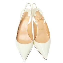 Pre Owned Christian Louboutin White Patent Leather Clare Slingback Pointed Toe Pumps Size 38.5