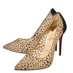 Pre Owned Christian Louboutin Beige/Black Mesh And Suede Leather Follies Lace Pointed Toe Pumps Size 38.5