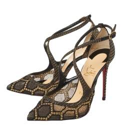 Pre Owned Christian Louboutin Black/Gold Fabric And Mesh Twistissima Crisscross Pumps Size 37.5