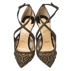 Pre Owned Christian Louboutin Black/Gold Fabric And Mesh Twistissima Crisscross Pumps Size 37.5