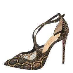 Pre Owned Christian Louboutin Black/Gold Fabric And Mesh Twistissima Crisscross Pumps Size 37.5