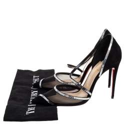 Pre Owned Christian Louboutin Black Mesh And Suede Chiara Crystal Embellished Pumps Size 37