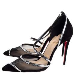 Pre Owned Christian Louboutin Black Mesh And Suede Chiara Crystal Embellished Pumps Size 37
