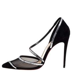 Pre Owned Christian Louboutin Black Mesh And Suede Chiara Crystal Embellished Pumps Size 37