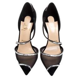 Pre Owned Christian Louboutin Black Mesh And Suede Chiara Crystal Embellished Pumps Size 37