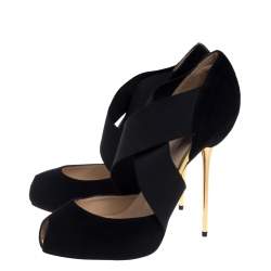 Pre Owned Christian Louboutin Black Suede And Elastic Big Dorcet Peep Toe Pumps Size 38.5