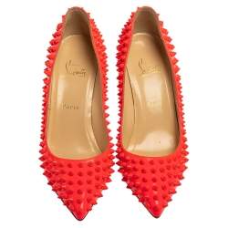 Pre Owned حذاء كعب عالي كريستيان لوبوتان جلد برتقالي لامع بيغال سبايك مقاس 39.5